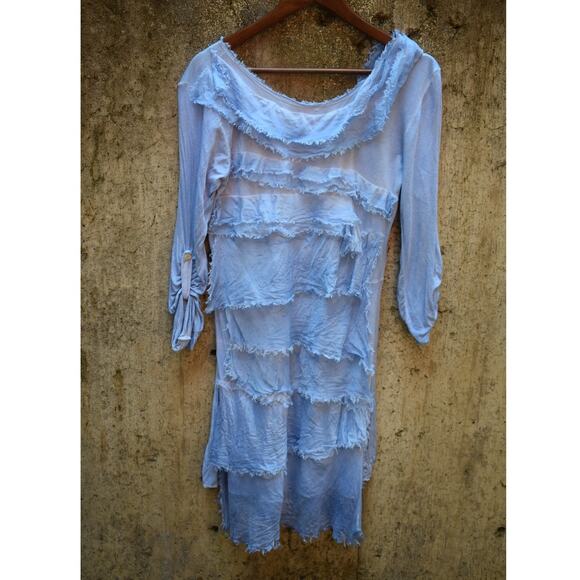 Tempo Paris Light Blue Layered Fringe Hem Tunic Dress Women’s Size L - Picture 3 of 3